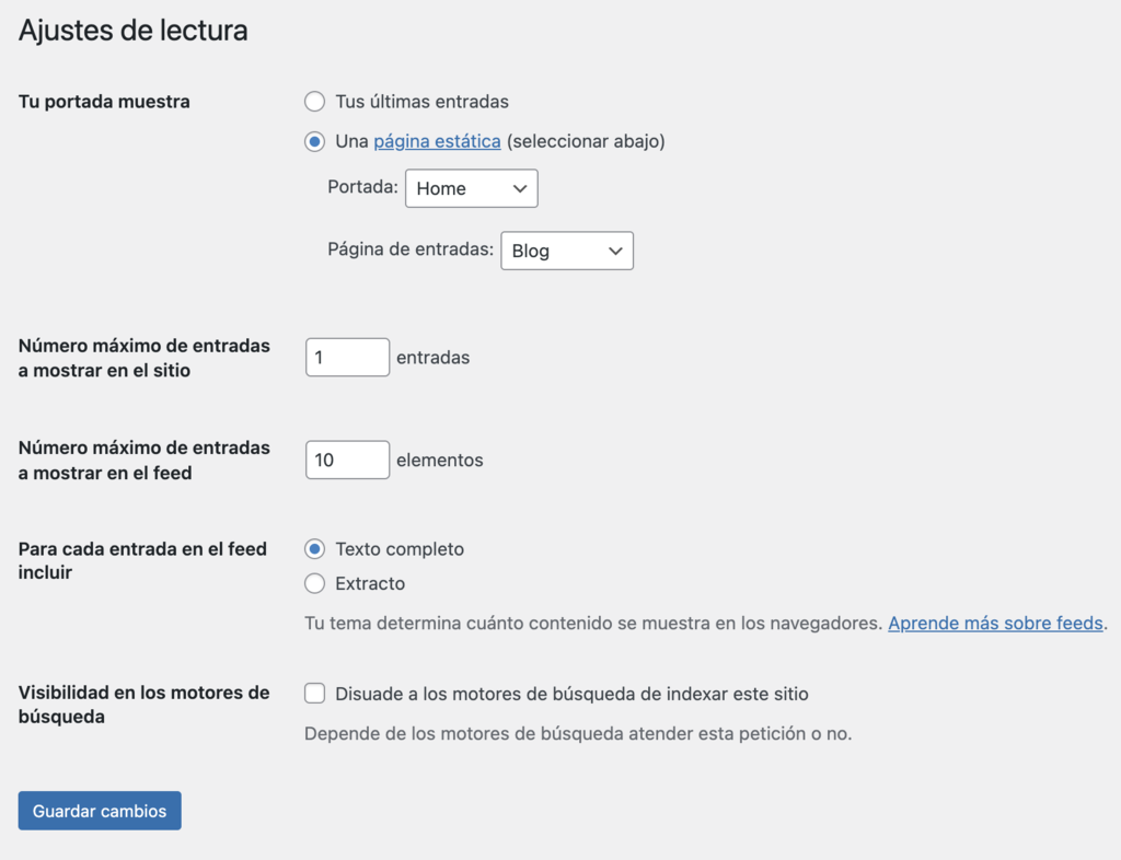 Sección de ajustes de lectura de WordPress