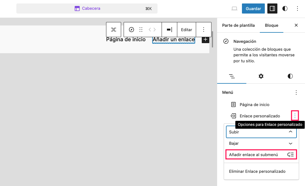 Añadir enlace al submenú en WordPress