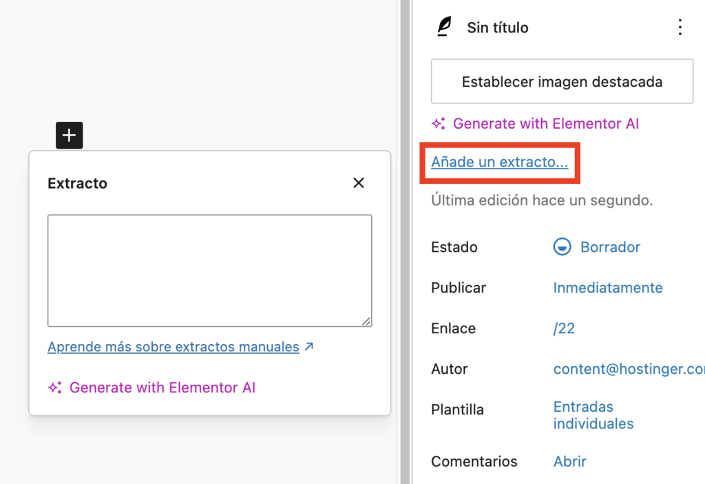 Opción para añadir un extracto en el Editor de WordPress