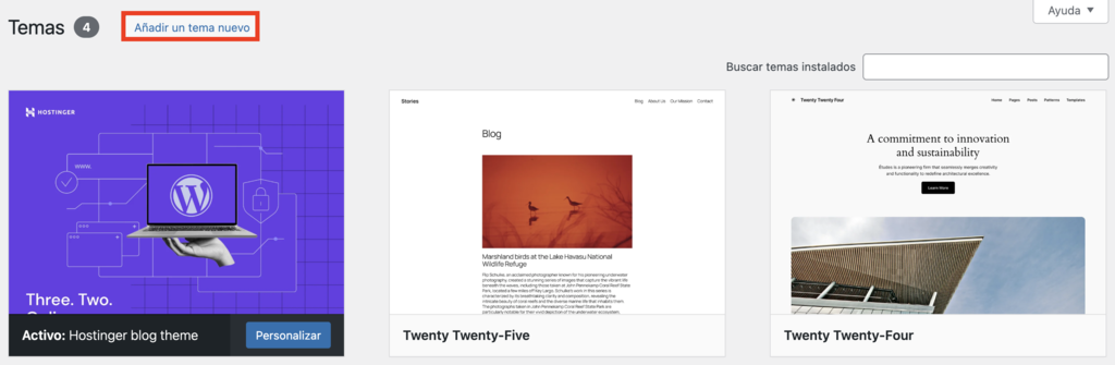 Opción de Añadir un nuevo tema en WordPress