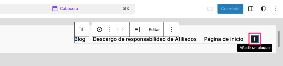 Sección de añadir un bloque en WordPress