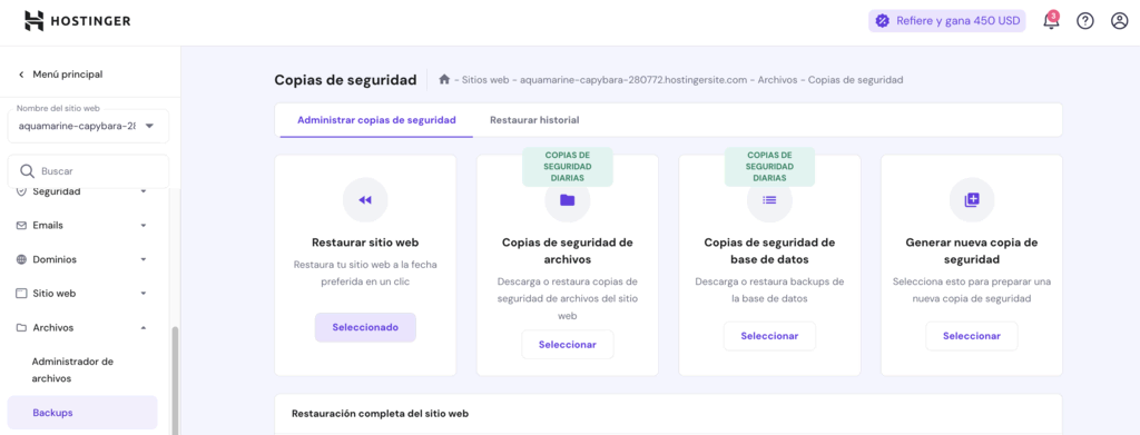 Sección de backups de hPanel