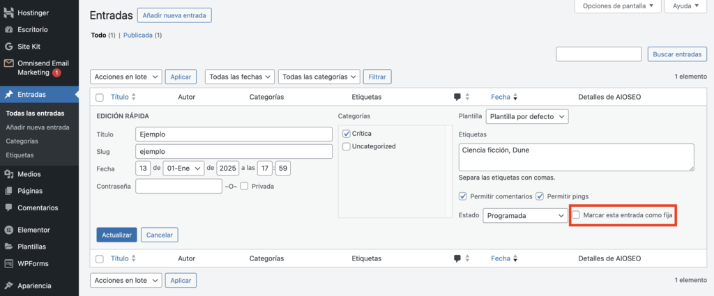 Sección de entradas de WordPress