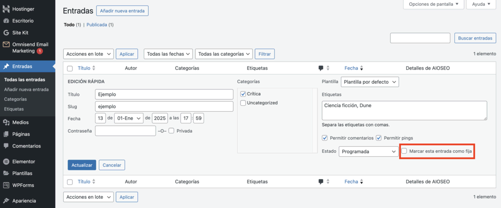 Sección de entradas de WordPress