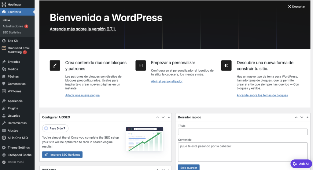 Mensaje de bienvenida de WordPress