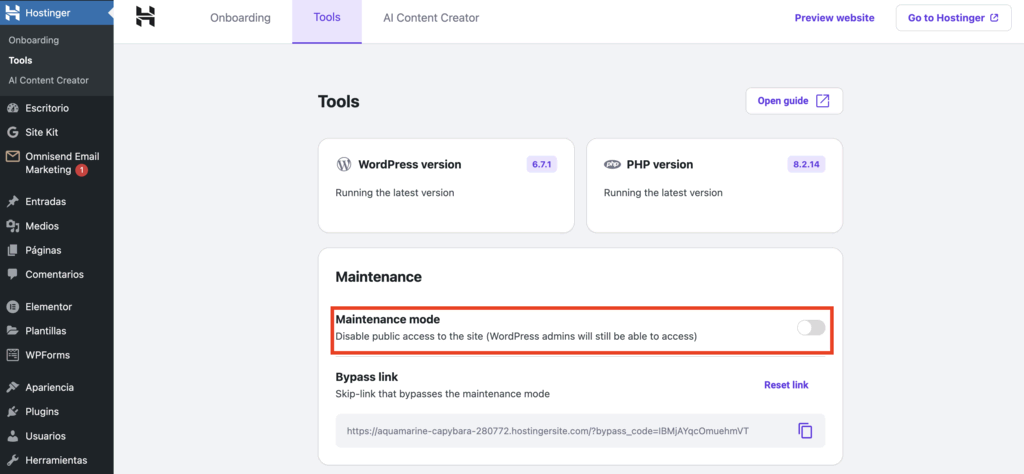 Modo de mantenimiento de Hostinger en WP