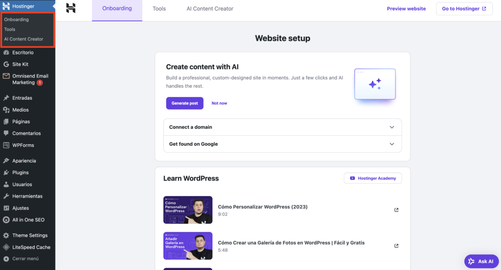 Sección de onboarding de Hostinger en WordPress
