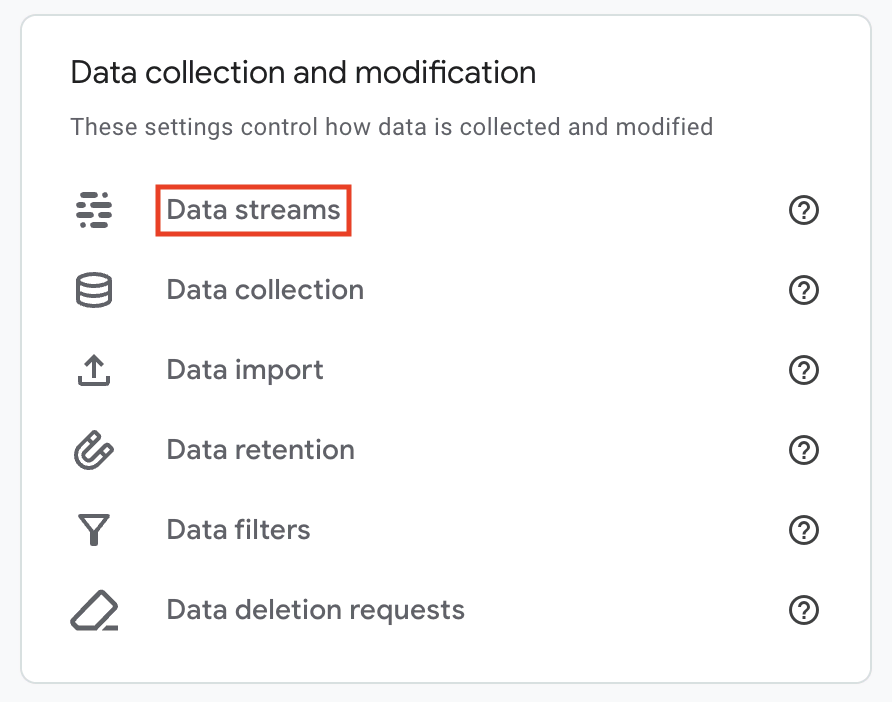 Opción Data streams de GA4