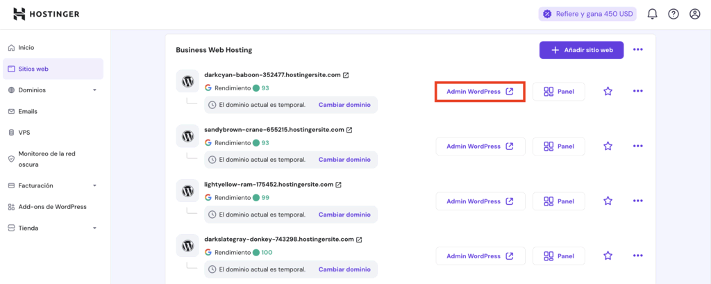 Sección de sitios web en hPanel