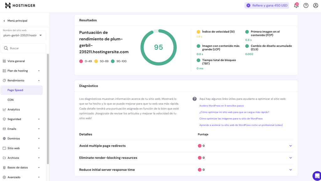 Sección de velocidad de página en hPanel