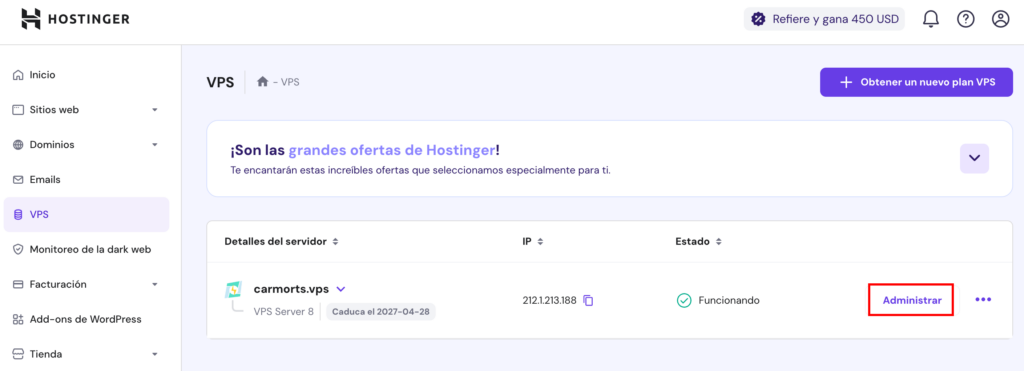 Sección de VPS en hPanel