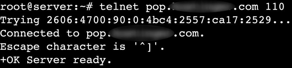 Salida del comando telnet pop.example.tld 110 en la sesión telnet del terminal