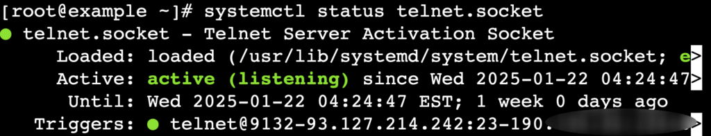 La salida del comando systemctl status telnet.socket en el terminal