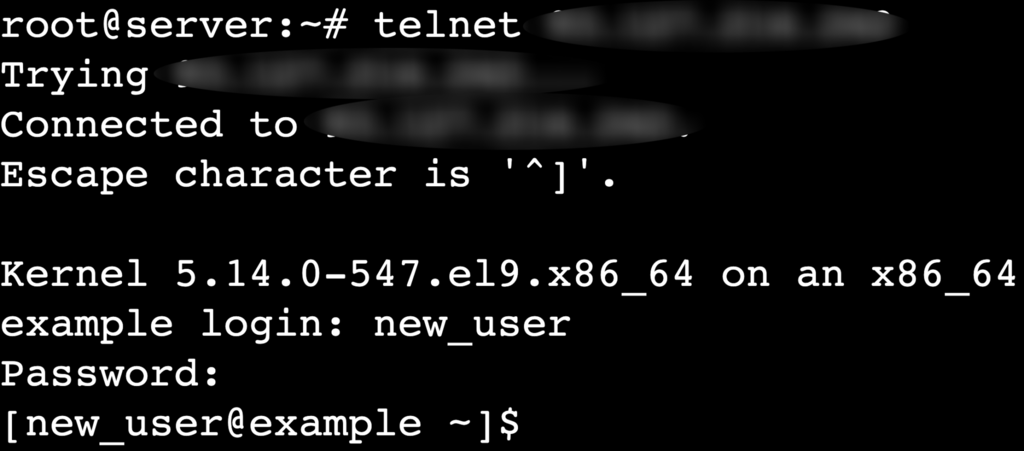 La salida del comando telnet_servidor_remoto_ip en el terminal