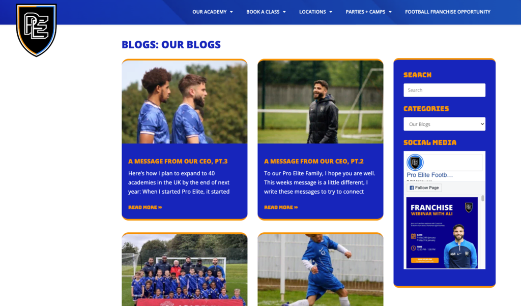 Sitio web de Pro Elite Football Academy