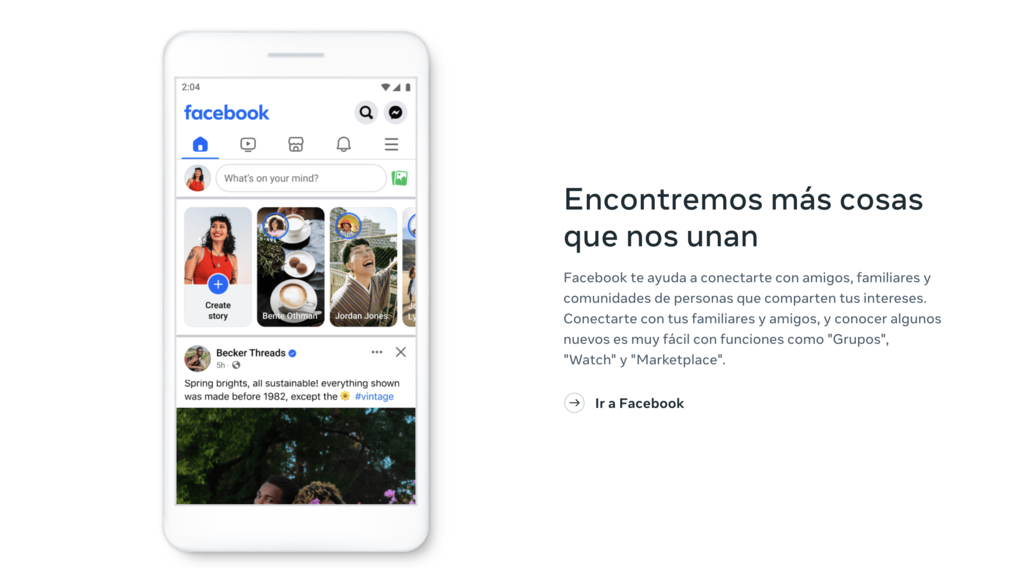 Sitio web de Meta explicando Facebook