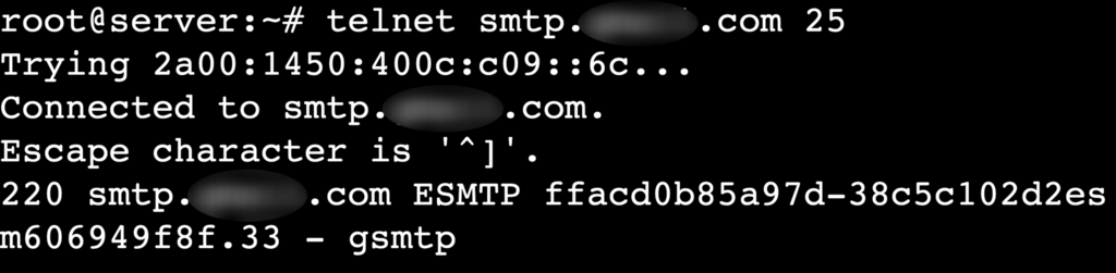 La salida del comando telnet smtp.ejemplo.tld 25 en la sesión telnet del terminal