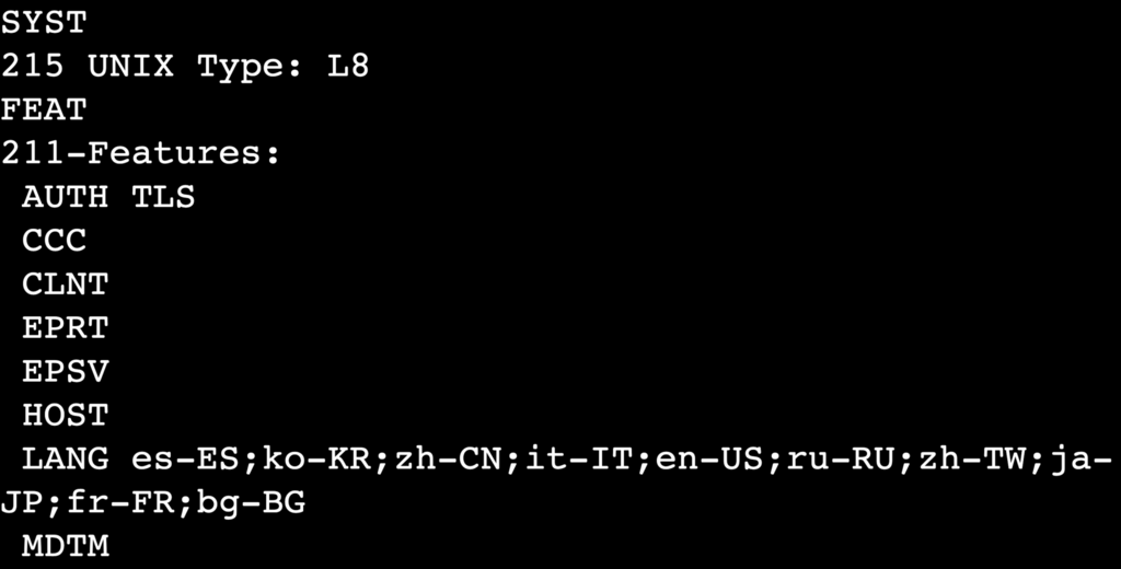 La salida del comando FEAT en la sesión telnet del terminal