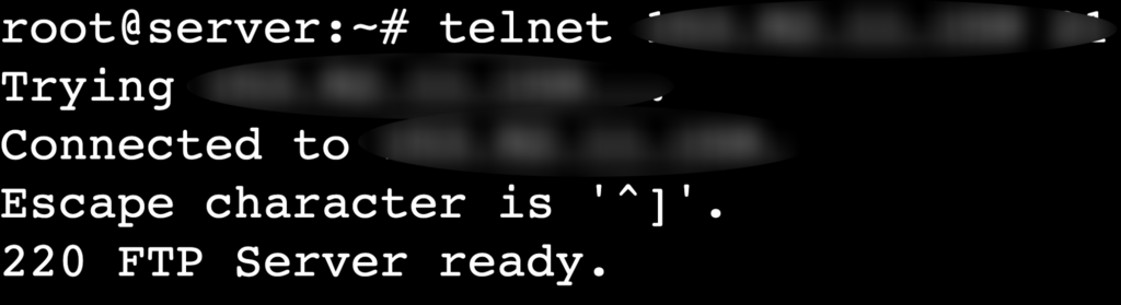 La salida del comando telnet remote_server_ip 21 en la sesión telnet del terminal