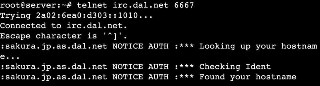 La salida del comando telnet irc.domain.tld 6667 en la sesión telnet del terminal